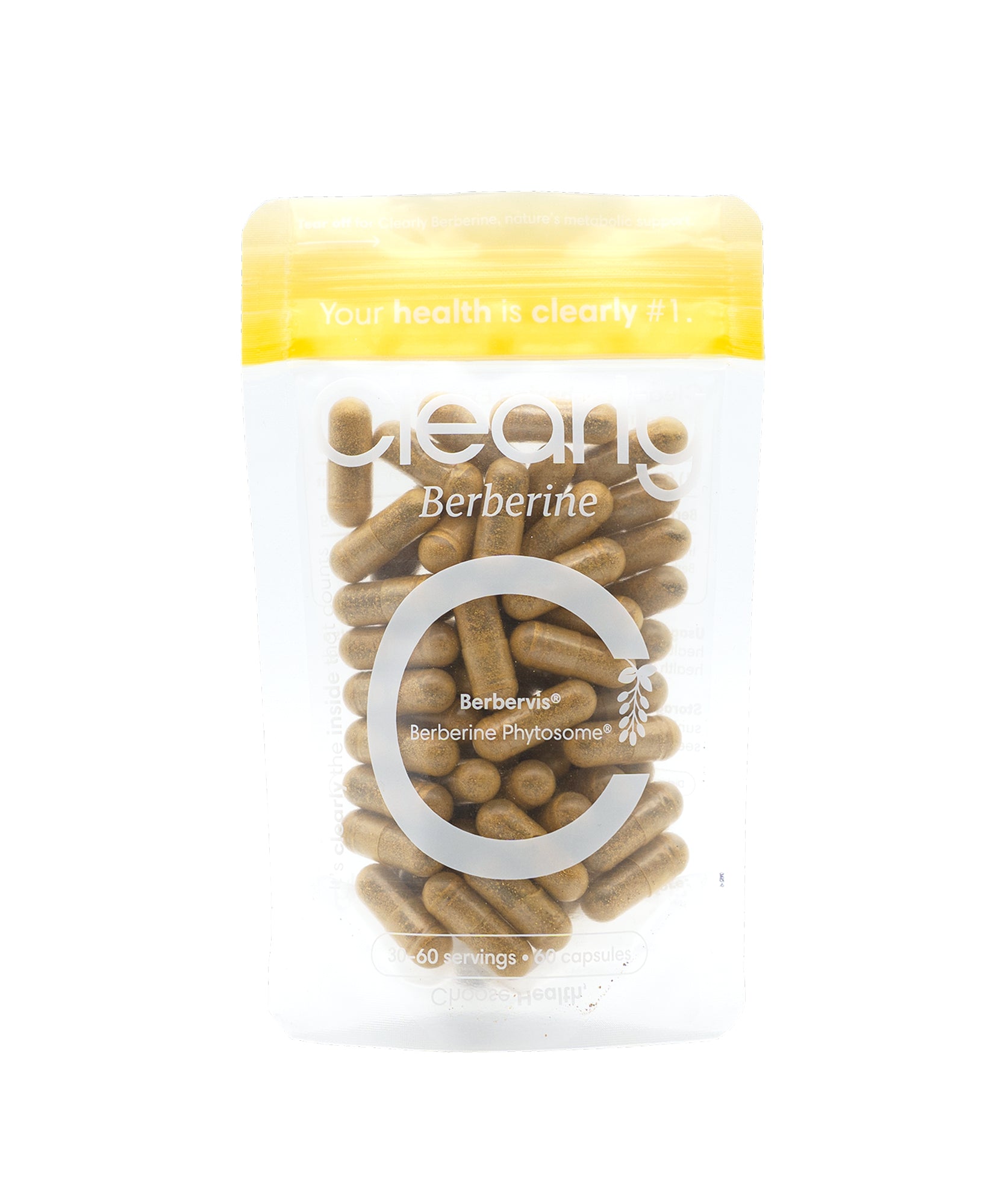 Clearly Berberine capsules shown in a bottle, highlighting the supplement's front label and capsule shape.