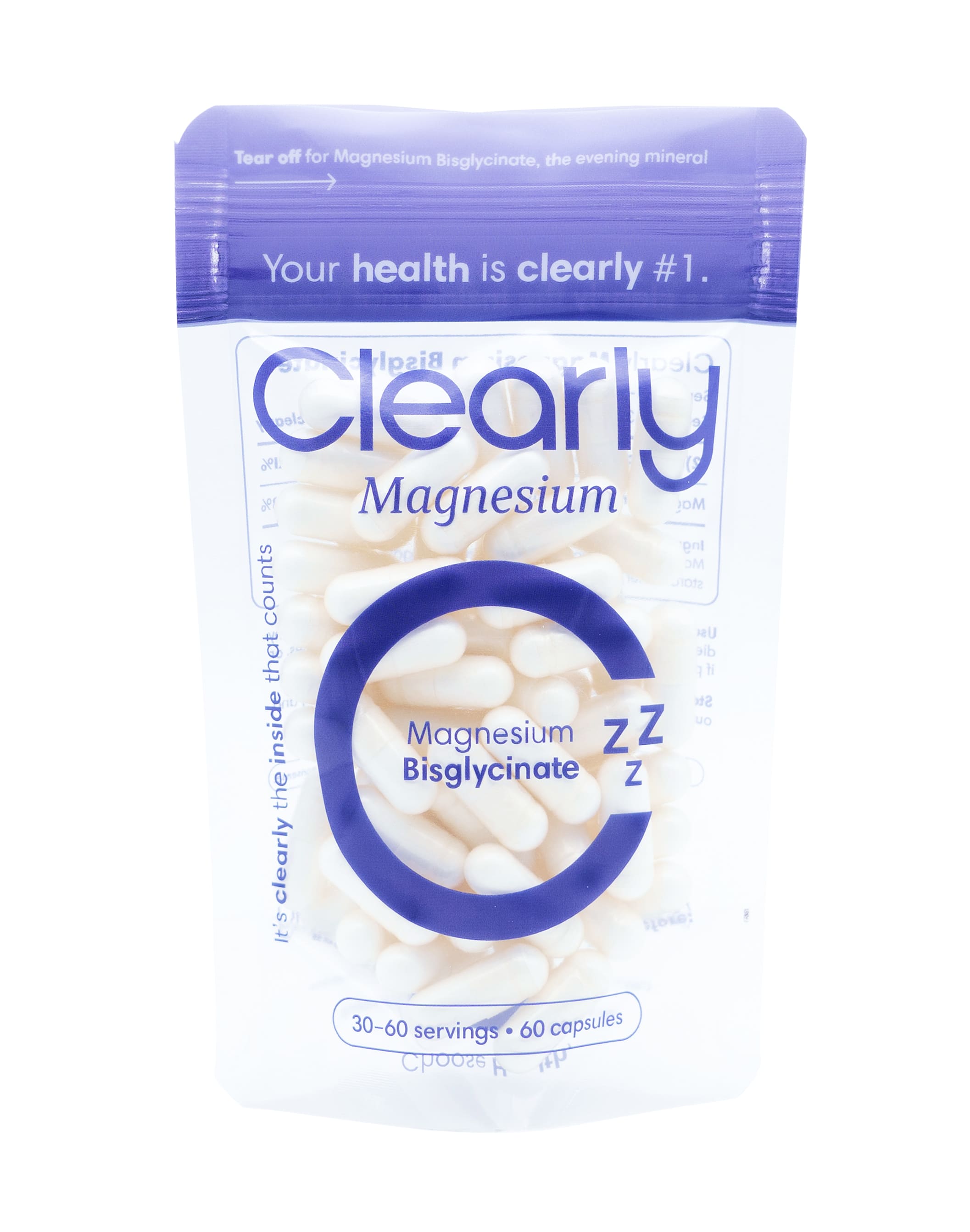 Clear magnesium bisglycinate supplement bottle with label, front view showing the product name and branding.