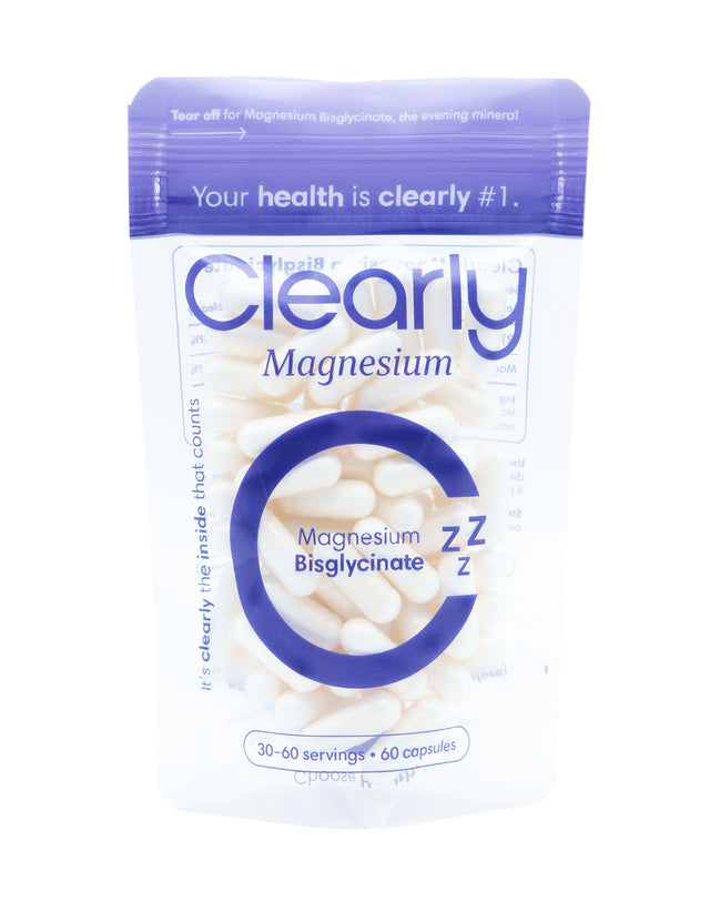Clear magnesium bisglycinate supplement bottle with label, front view showing the product name and branding.
