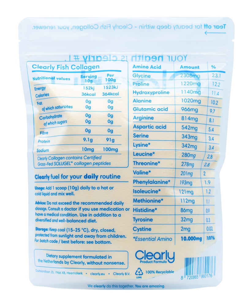 Back view of Clearly Fish Collagen bottle with label visible, showcasing the supplement's packaging and branding.