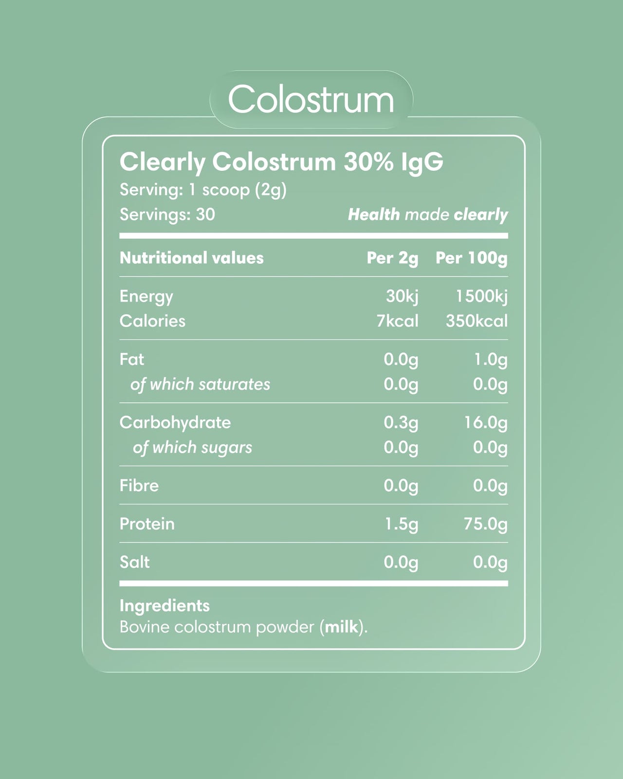 Clearly Colostrum supplement bottle with label showing product details and branding, placed on a clean white background.