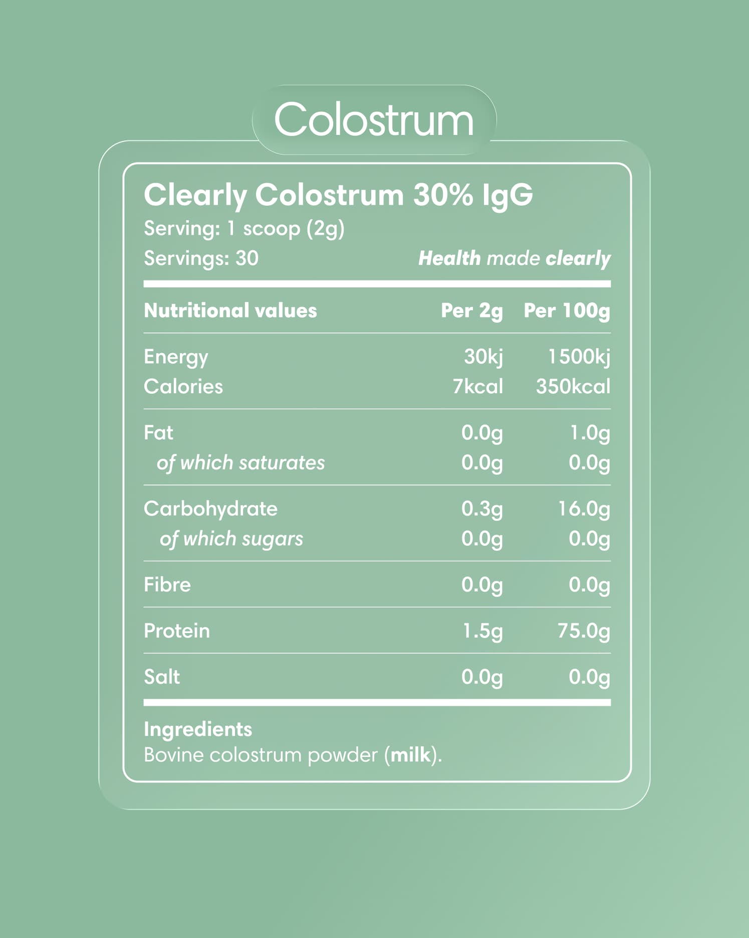 Clearly Colostrum supplement bottle with label showing product details and branding, placed on a clean white background.