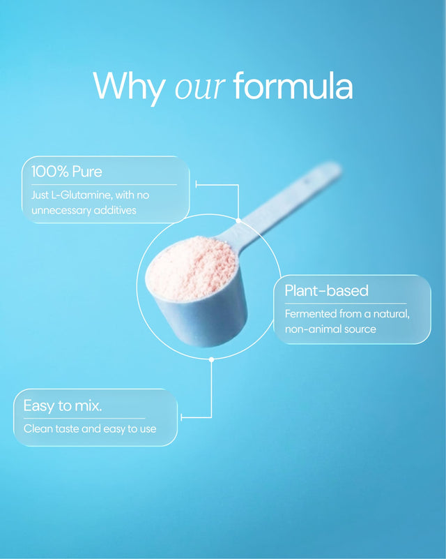 Clearly L-glutamine supplement powder in a white container, showing the label and scoop for muscle recovery and gut health.