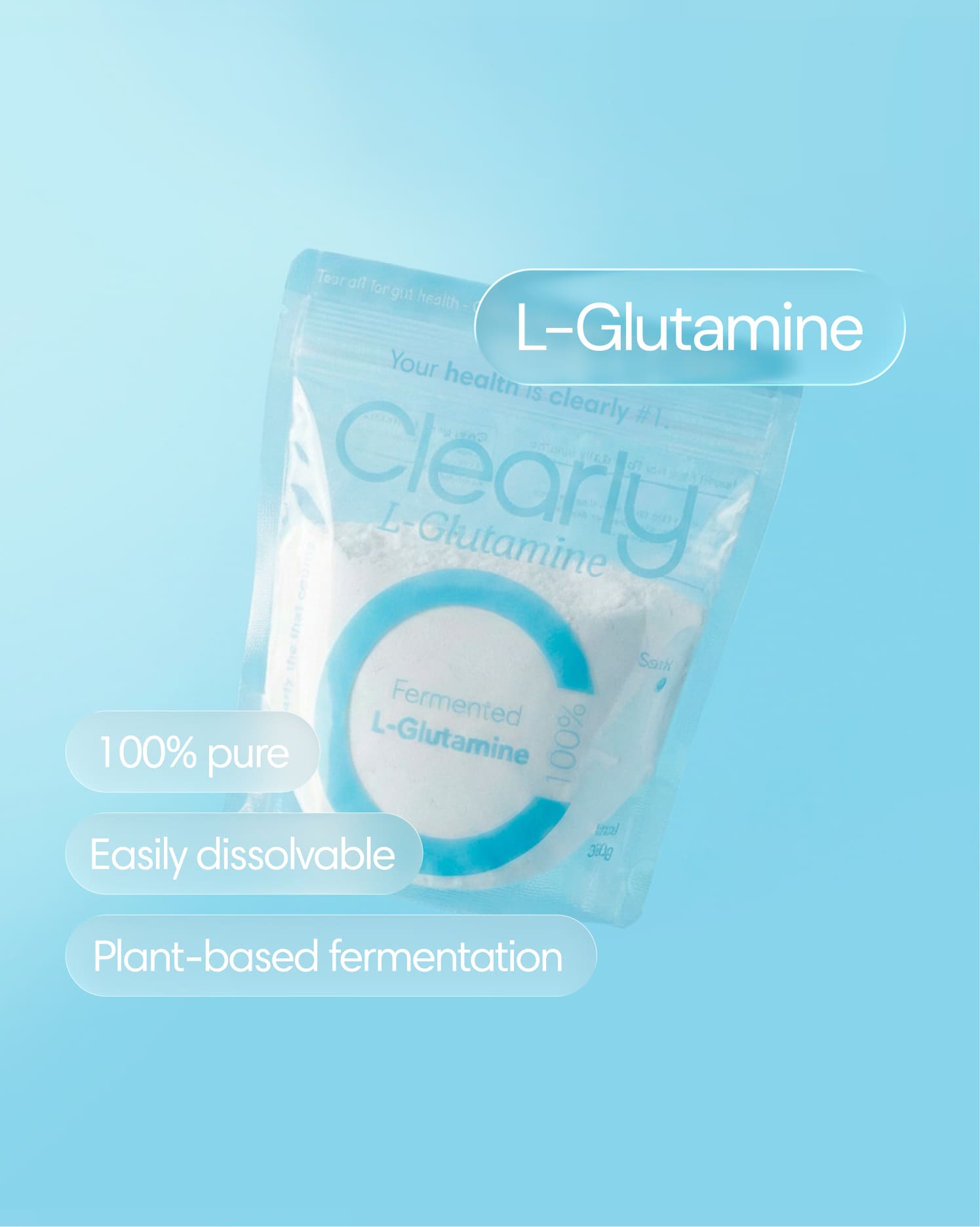 Clearly brand L-glutamine supplement bottle with white label and blue accents, front view showing the product packaging.