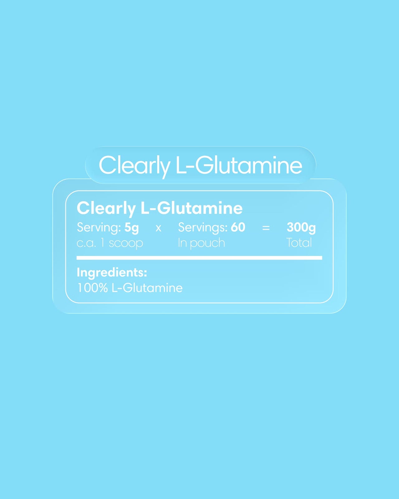 Close-up of Clearly L-glutamine supplement label showing product name and ingredients on a white background.