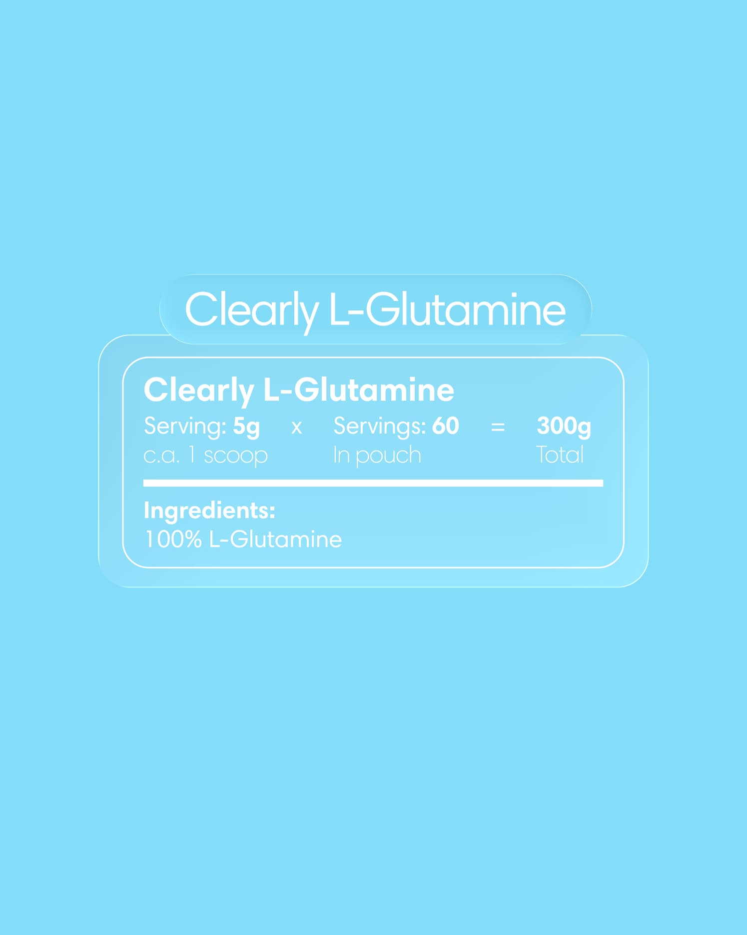 Close-up of Clearly L-glutamine supplement label showing product name and ingredients on a white background.