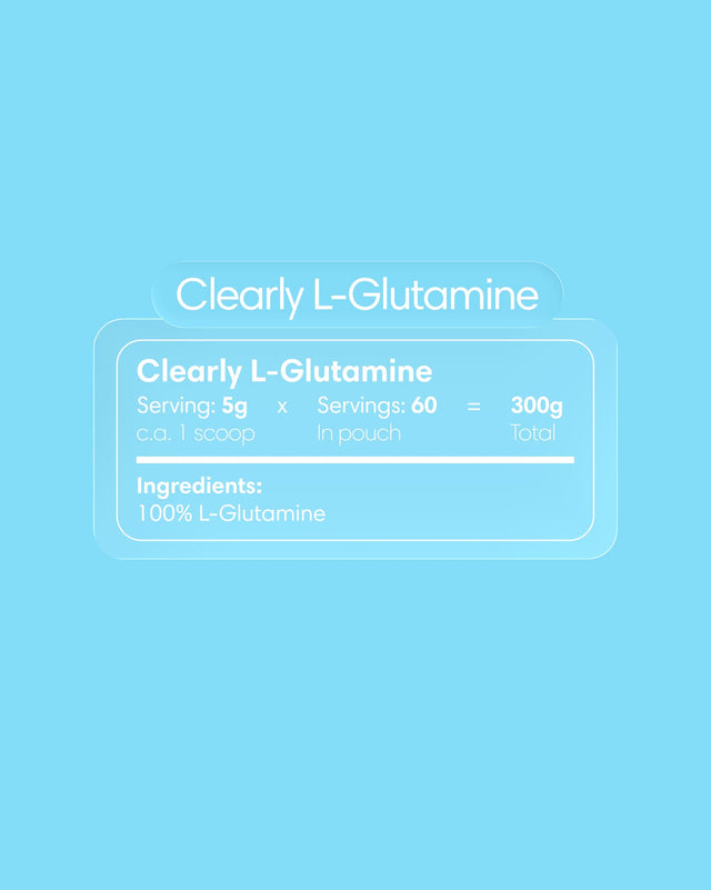 Close-up of Clearly L-glutamine supplement label showing product name and ingredients on a white background.