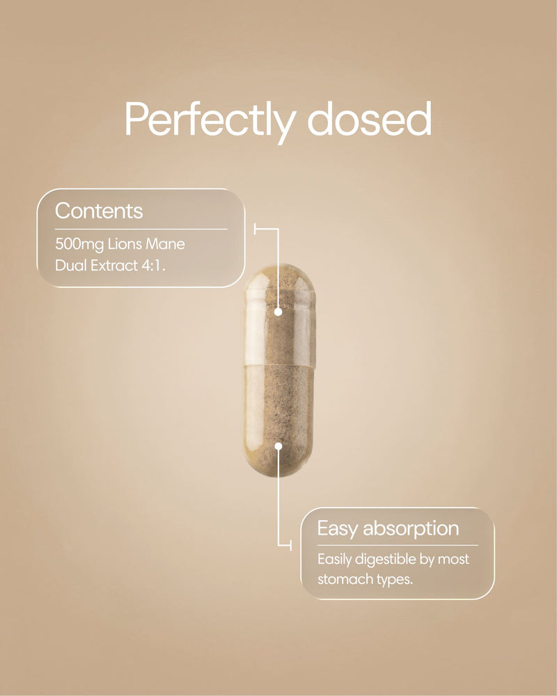 Clearly Lion's Mane capsules in a bottle, showing the supplement capsules for cognitive health support.