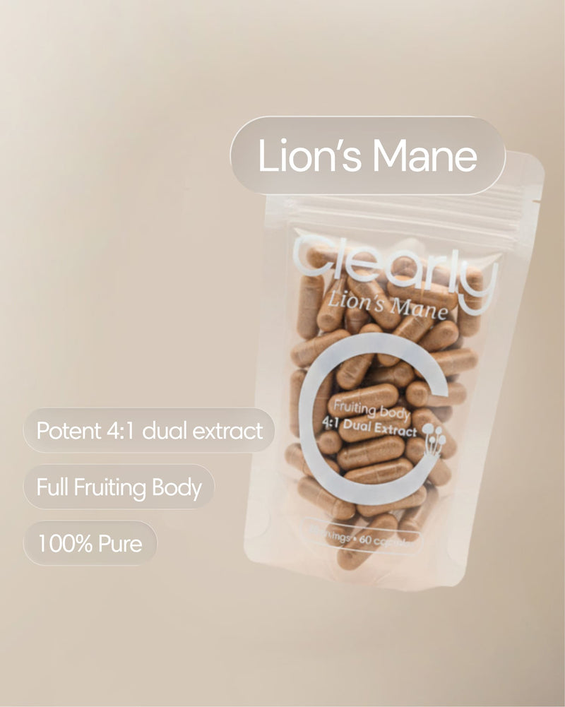 Clearly Lion's Mane capsules bottle with front label, showcasing supplement packaging and product branding.