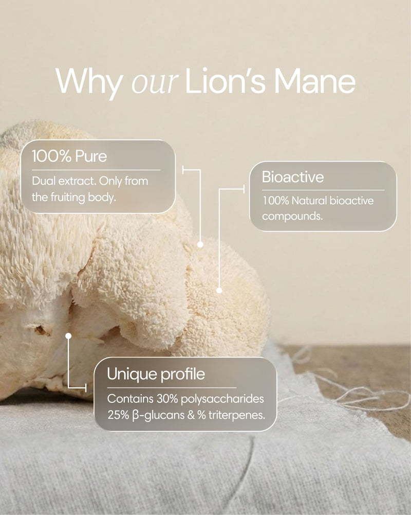 Clearly Lion's Mane capsules bottle with supplement ingredients and benefits infographic highlighting cognitive support and mental clarity.