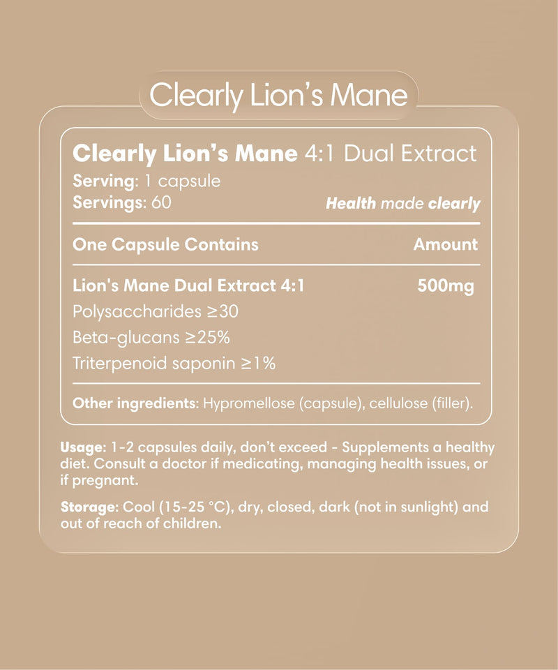 Clearly Lion's Mane capsules bottle with label, showing supplement packaging and branding for mushroom health support.