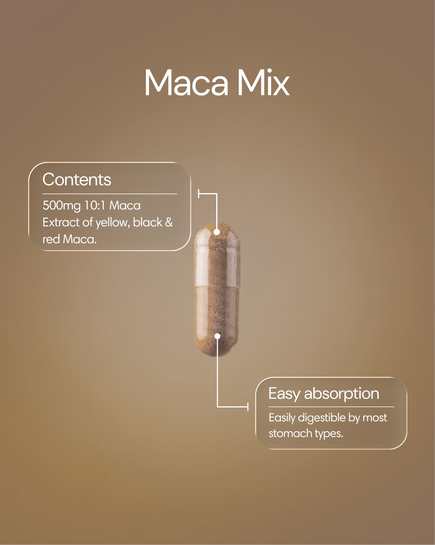 Clearly Maca Mix capsules in a clear bottle with white and green label, showing the supplement capsules inside.