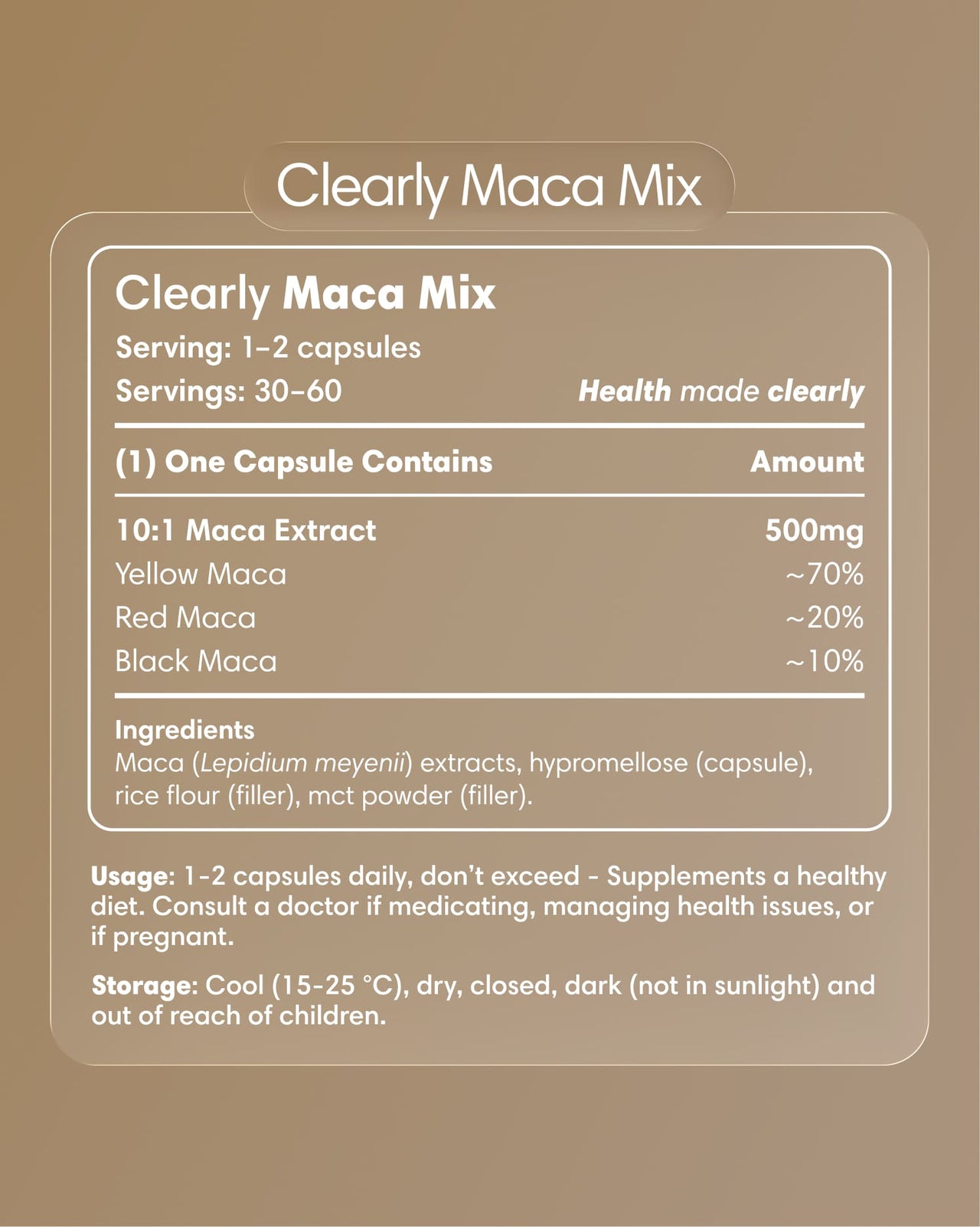 Clearly Maca Mix capsules label showing the product name, branding, and nutritional information on the packaging.