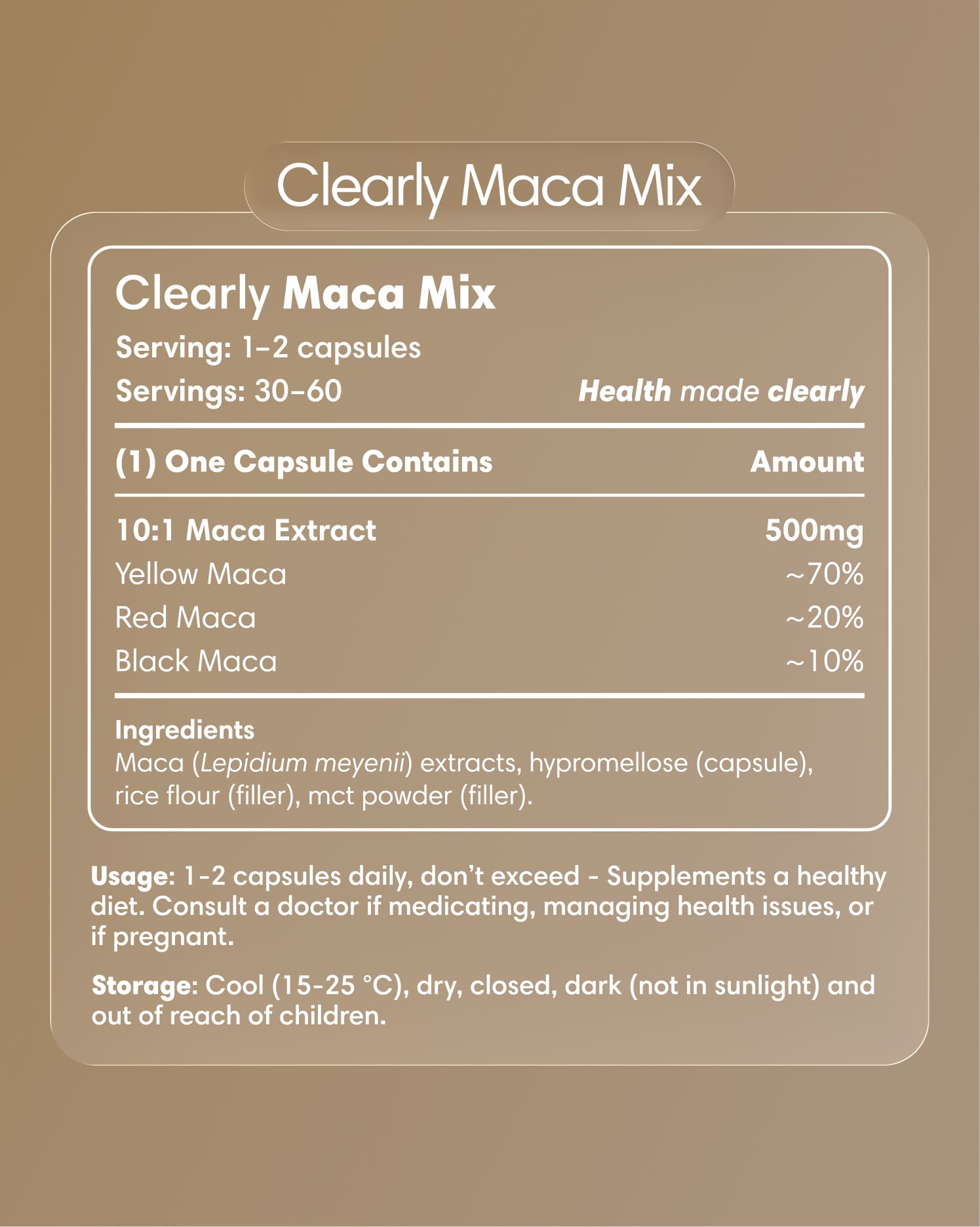 Clearly Maca Mix capsules label showing the product name, branding, and nutritional information on the packaging.