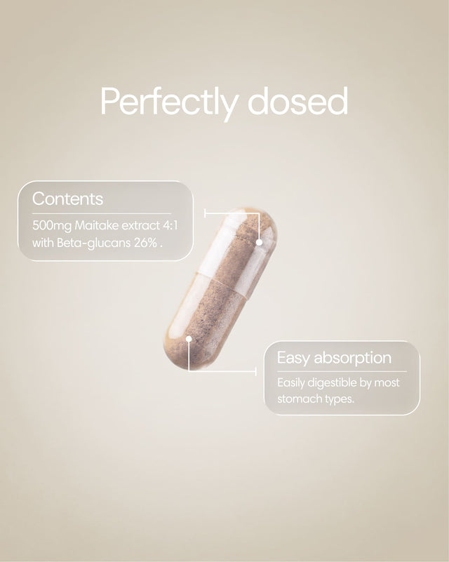 Clearly Maitake mushroom supplement capsules, close-up of the supplement bottle with capsules inside.