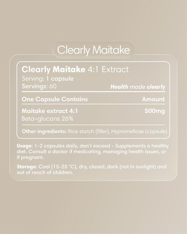 Clearly Maitake mushroom supplement bottle with label, showcasing the product's branding and packaging.