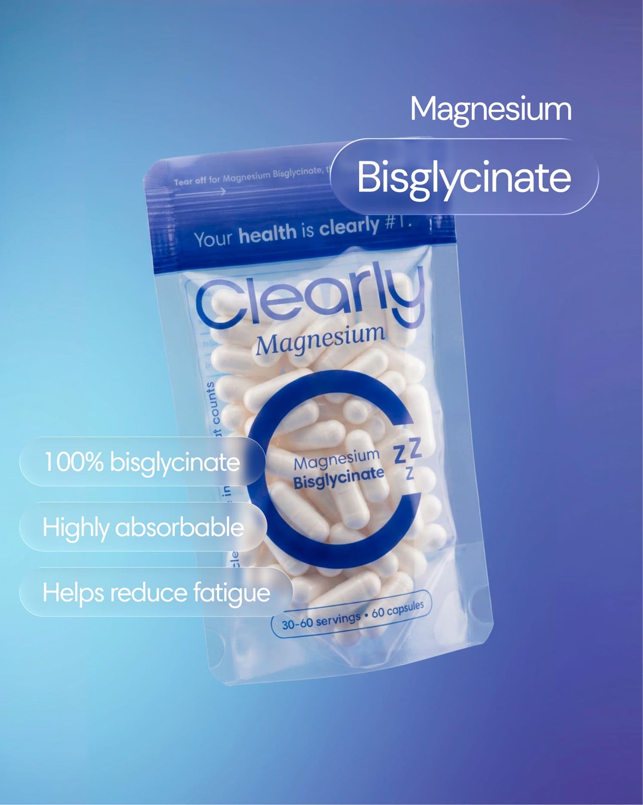 Clearly Magnesium Bisglycinate supplement bottle with label visible, showing the front design and product information.