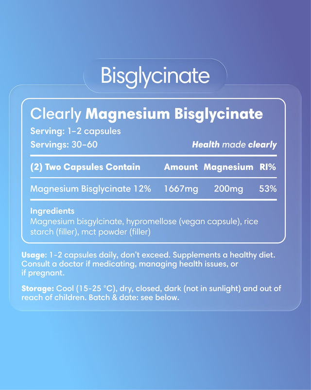 Clearly Magnesium Bisglycinate supplement label showing supplement details and branding on the product packaging.