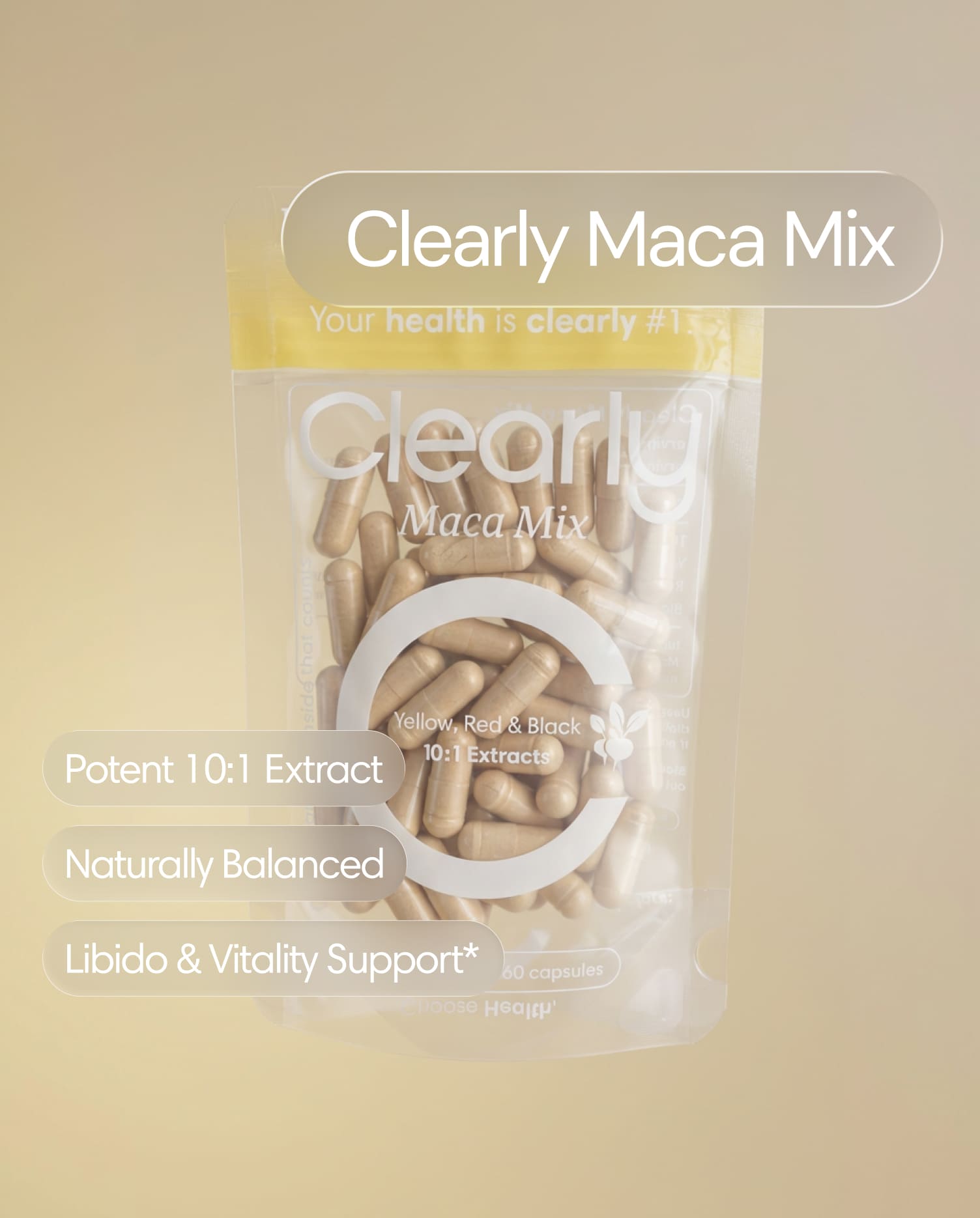 Clearly Maca Mix capsules in a bottle, featuring a natural herbal supplement with maca root for energy and vitality.
