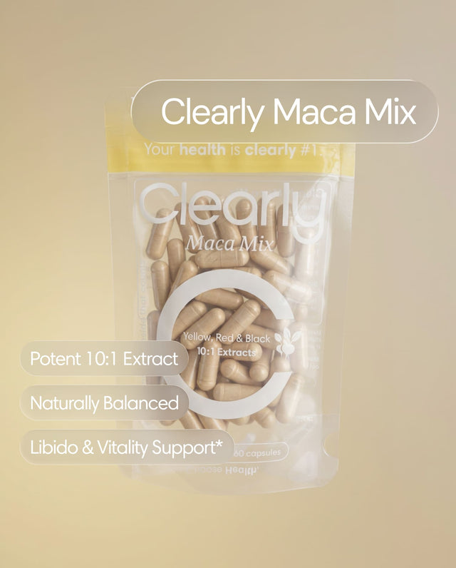 Clearly Maca Mix capsules in a bottle, featuring a natural herbal supplement with maca root for energy and vitality.