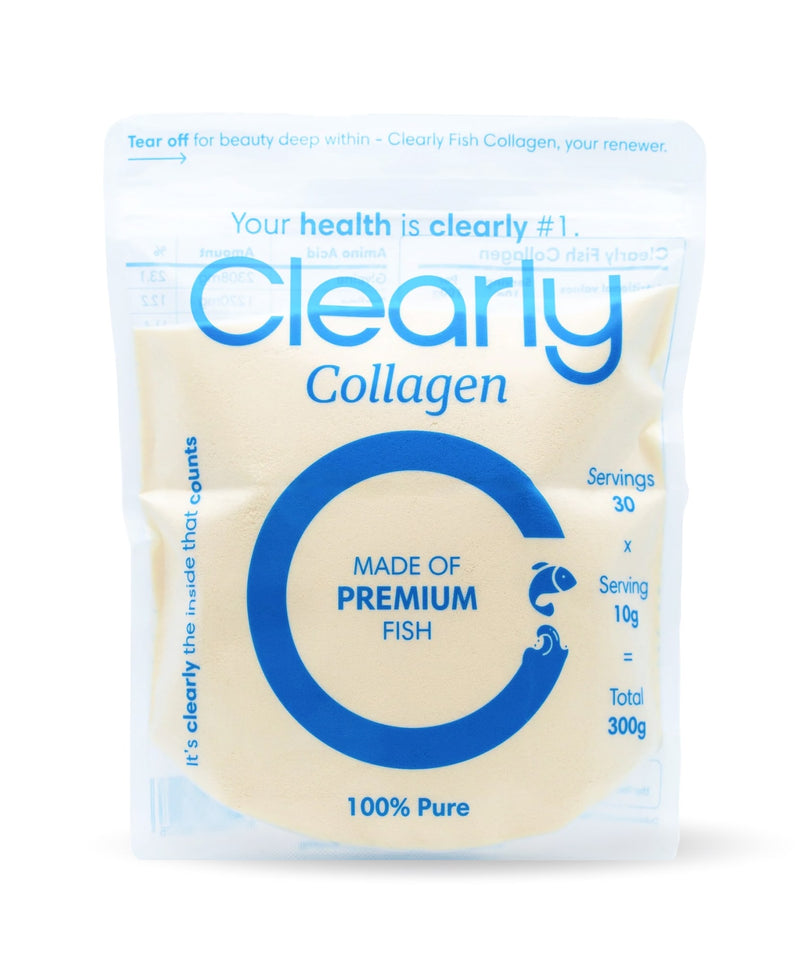 Clearly Fish Collagen supplement bottle with front label visible, showcasing the product and branding.
