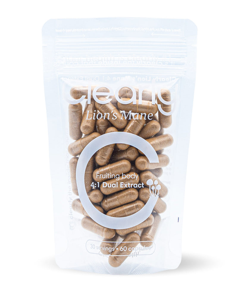 Clearly Lion's Mane capsules bottle with label featuring the supplement's name and product details, front view.